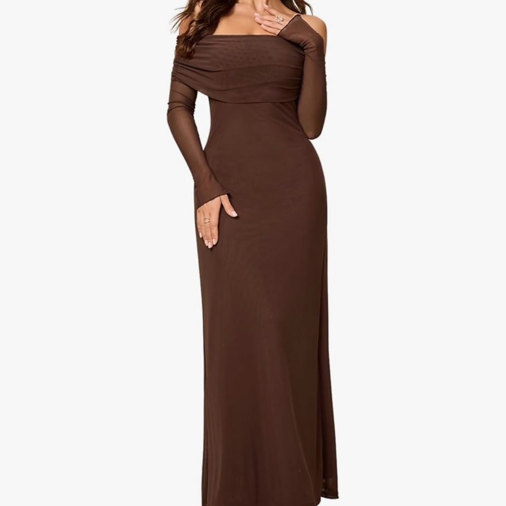 Elegant Colysomo Off-Shoulder Brown Maxi Dress